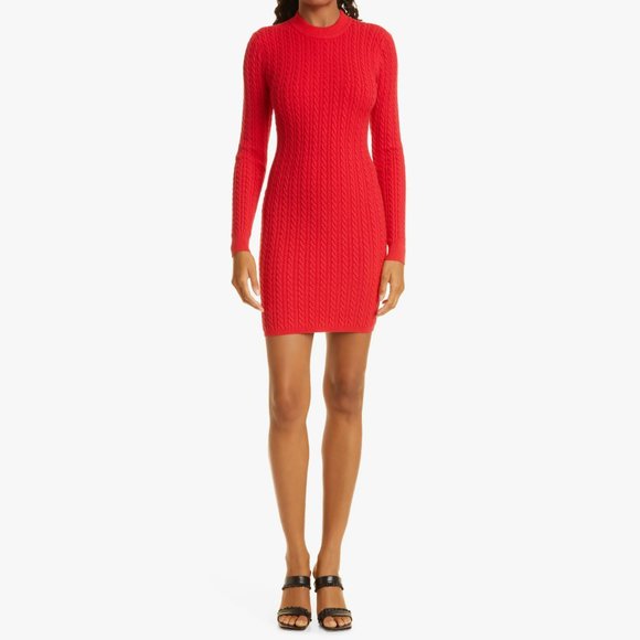 Alice + Olivia Yuna Bright Poppy Red Long Sleeve Cable Knit Sweater Dress L
